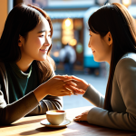 A heartwarming scene depicting two adult female friends, reminiscent of Jee-woo and Serena, sharing a moment of deep connection in a cozy, sunlit cafe. One friend gently holds the other's hand, offering silent, unwavering support, while the other looks on with a sense of understanding and comfort. They are fully clothed in modest, contemporary casual attire, appropriate for a friendly gathering. The background features blurred cafe elements like coffee cups and soft lighting, creating a warm and inviting atmosphere. Perfect anatomy, correct proportions, natural pose, well-formed hands, proper finger count, natural body proportions, professional photography, high quality, safe for work, appropriate content, fully clothed, family-friendly.