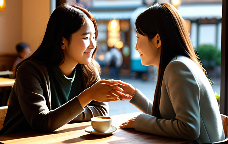 A heartwarming scene depicting two adult female friends, reminiscent of Jee-woo and Serena, sharing a moment of deep connection in a cozy, sunlit cafe. One friend gently holds the other's hand, offering silent, unwavering support, while the other looks on with a sense of understanding and comfort. They are fully clothed in modest, contemporary casual attire, appropriate for a friendly gathering. The background features blurred cafe elements like coffee cups and soft lighting, creating a warm and inviting atmosphere. Perfect anatomy, correct proportions, natural pose, well-formed hands, proper finger count, natural body proportions, professional photography, high quality, safe for work, appropriate content, fully clothed, family-friendly.